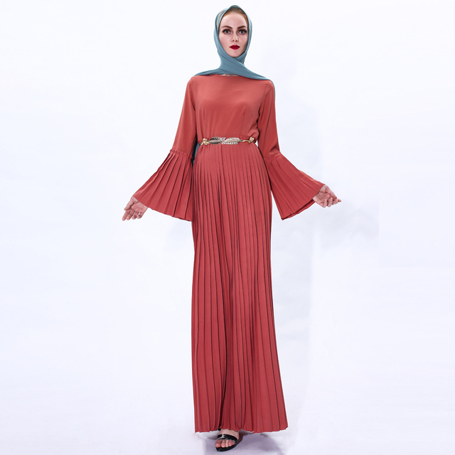 New Pleated Muslim Ramadan Dress Islamic Flared Sleeve Modest Fashion Abaya 