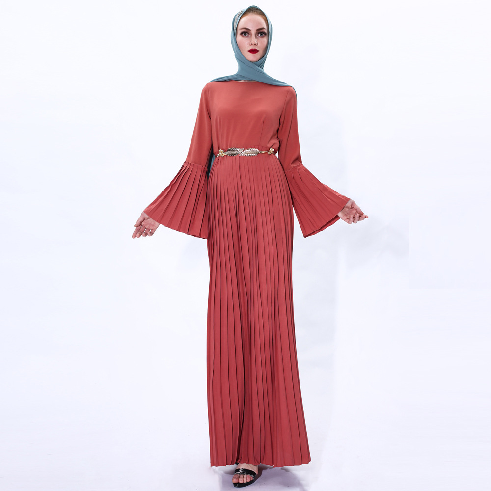 New Pleated Muslim Ramadan Dress Islamic Flared Sleeve Modest Fashion Abaya 