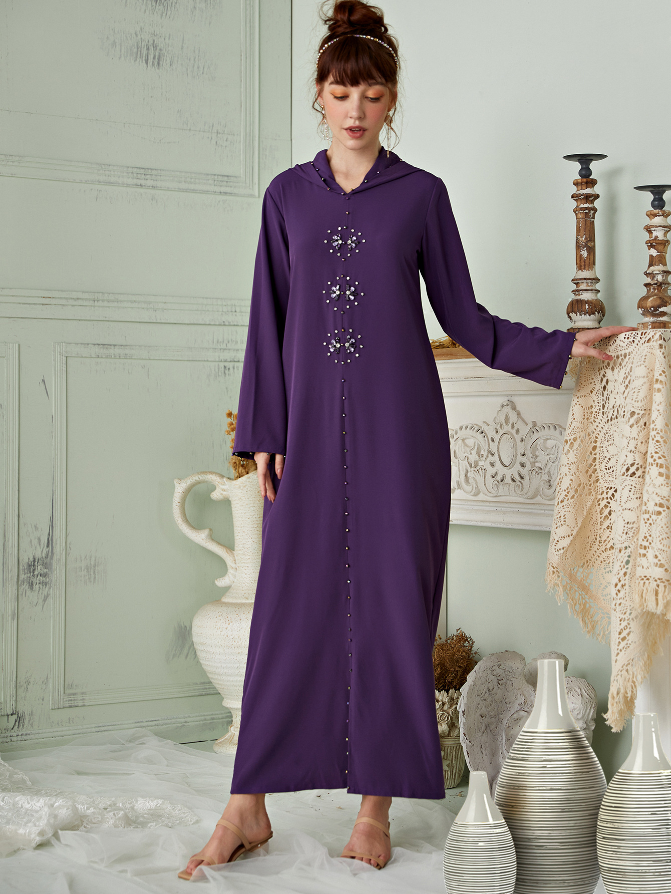 Ethnic Morocco Beading Hooded Muslim Islamic Abaya Gown Maxi Dress