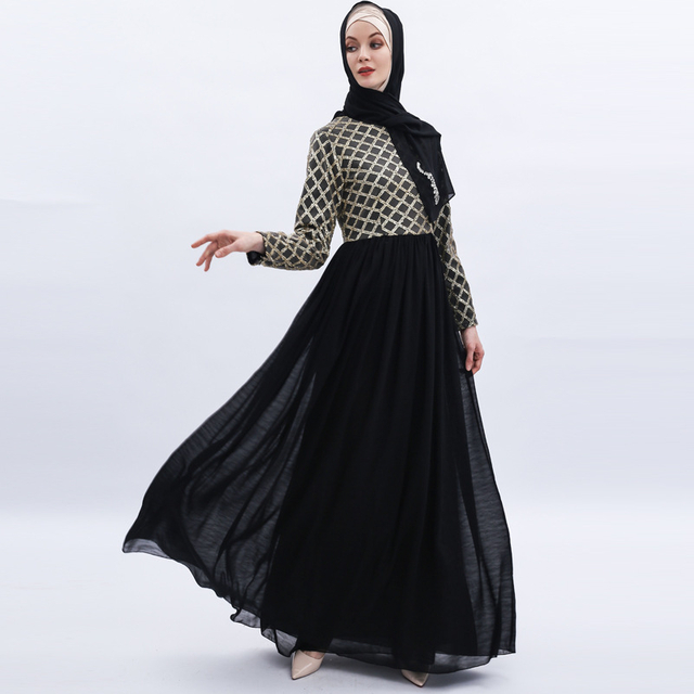 Turkey Grid Mesh Sequins Muslim Islamic Abaya Modest Dress
