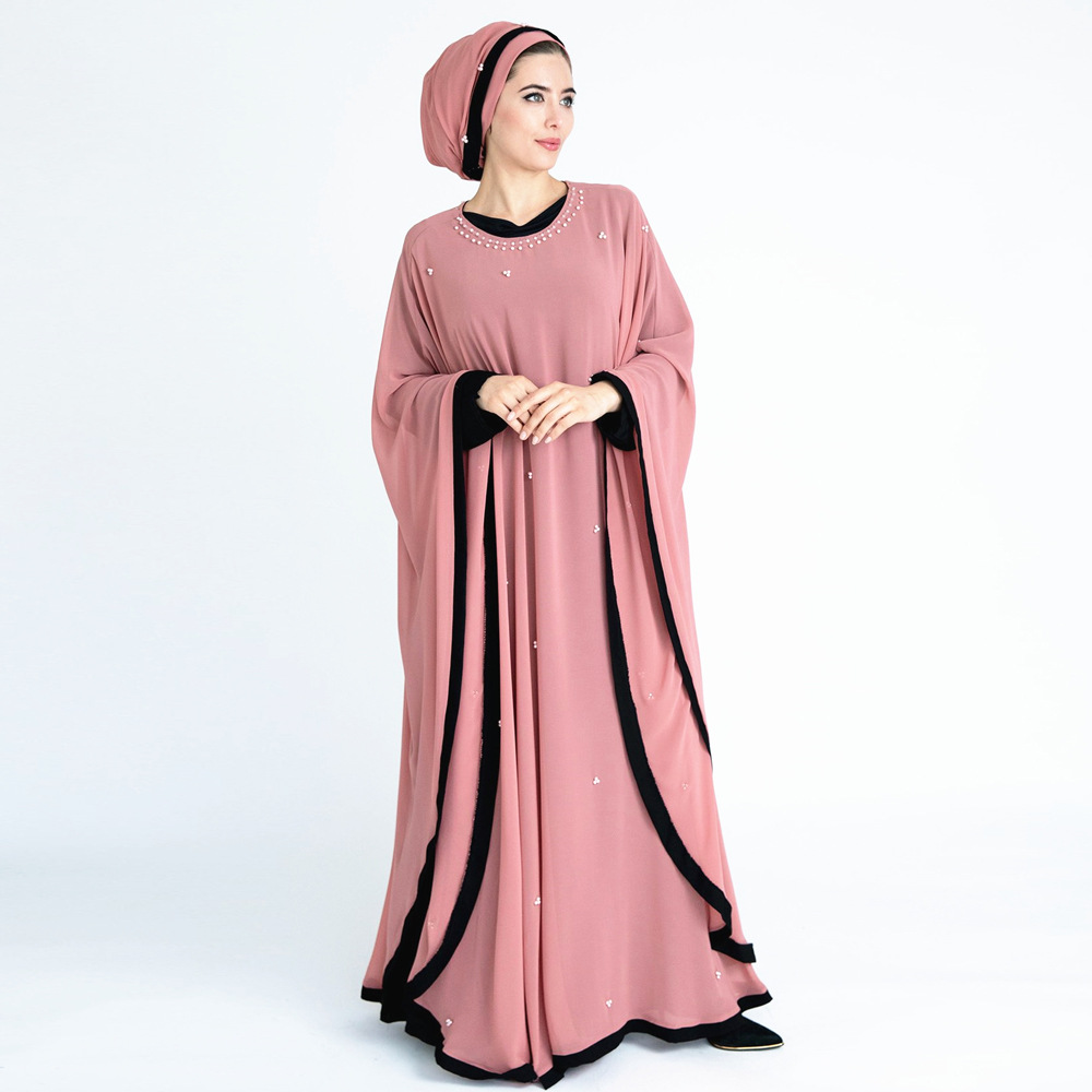 Mesh Beading Contrast Color Muslim Islamic Gown Maxi Dress Abaya (8)