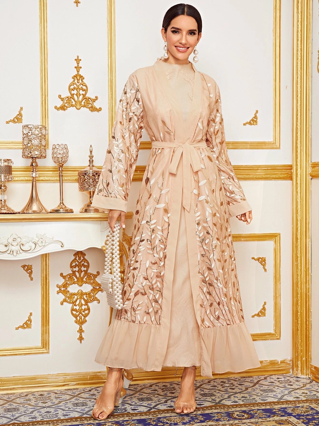 Lace Leaf Embroidery Modest Muslim Islamic Open Abaya Kimono Cardigan For Ladies