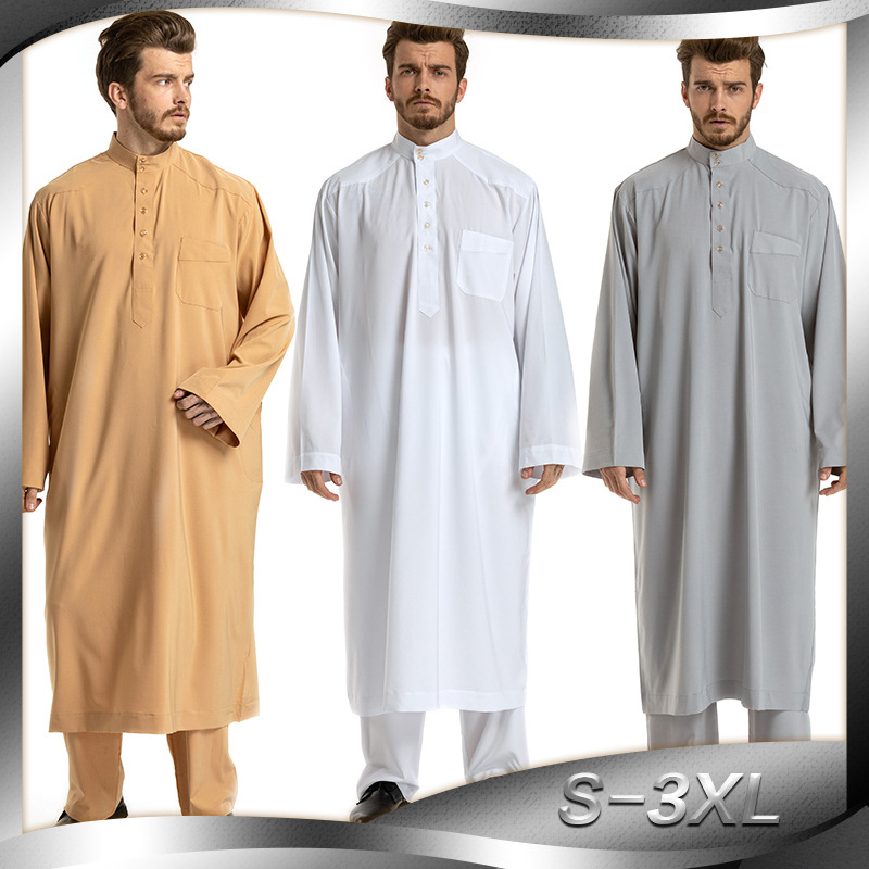 Middle East Pocket Pure Clolor Modest Muslim Islamic Round Collar Man Thobe