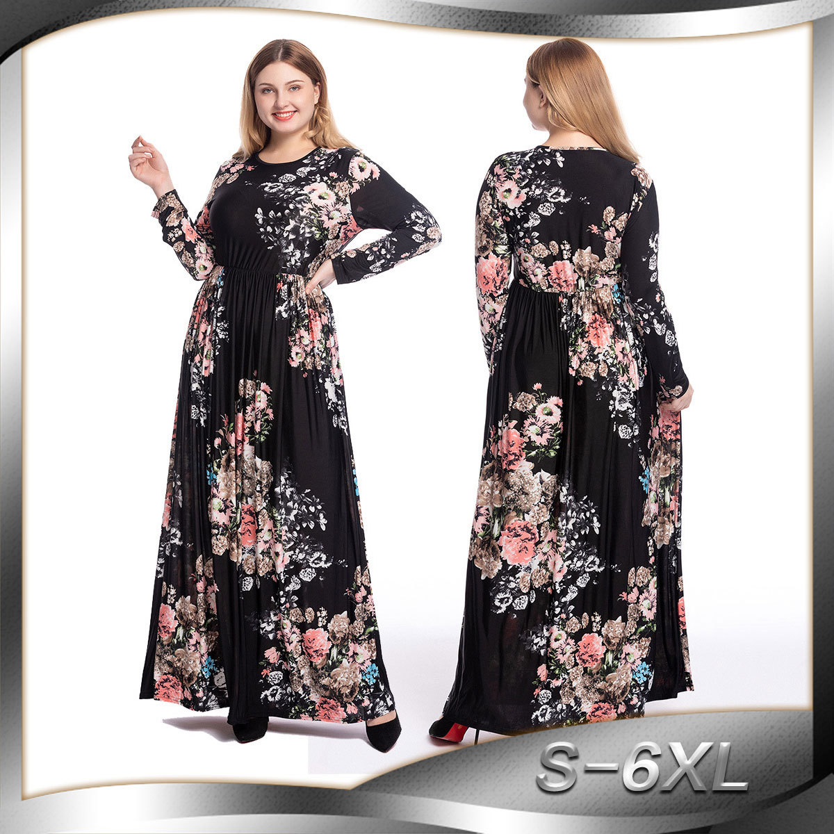 Amazon Hot Sale Women's Printed Slim Long Sleeve Printed Round Neck Dressng Skirt