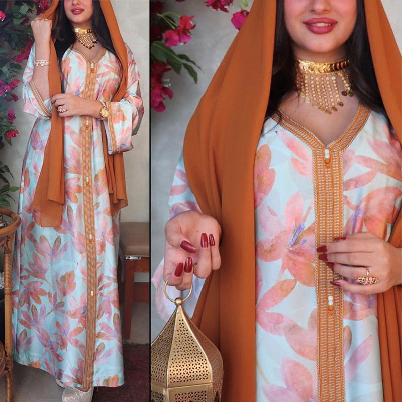  Modest Dubai Vêtements Print Borka Maxi Latest Designs Women Embroidery Muslim Dress Islamic Clothing Cotton Kimono Abaya