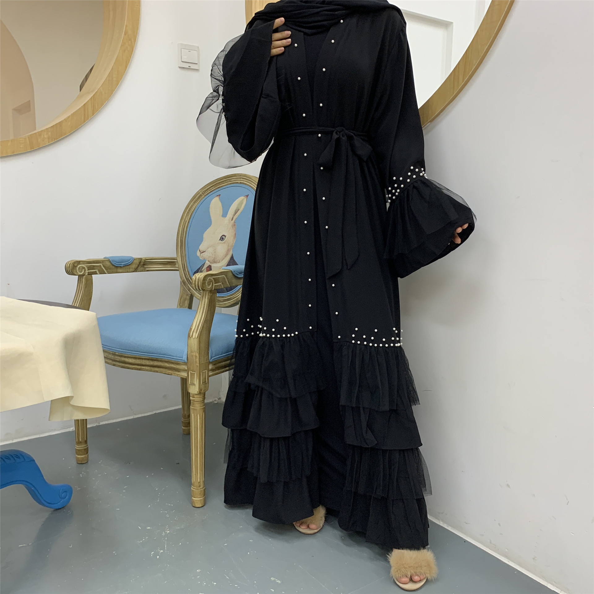 2022 Middle East New Bead Stitching Mesh Lace-up Muslim Cardigan Robe