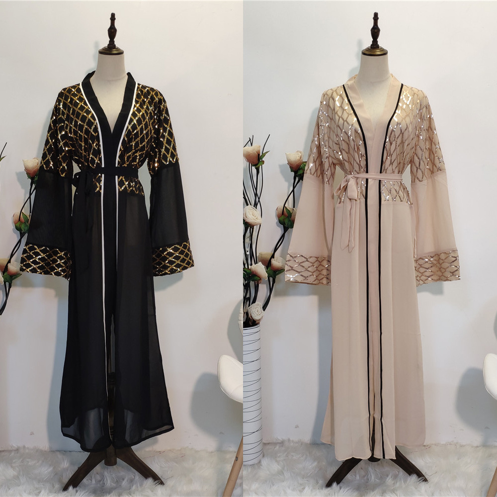 Cross-border Hot Style Sequin Embroidery Outer Gown Dubai Middle East Women's Chiffon Cardigan Kimono
