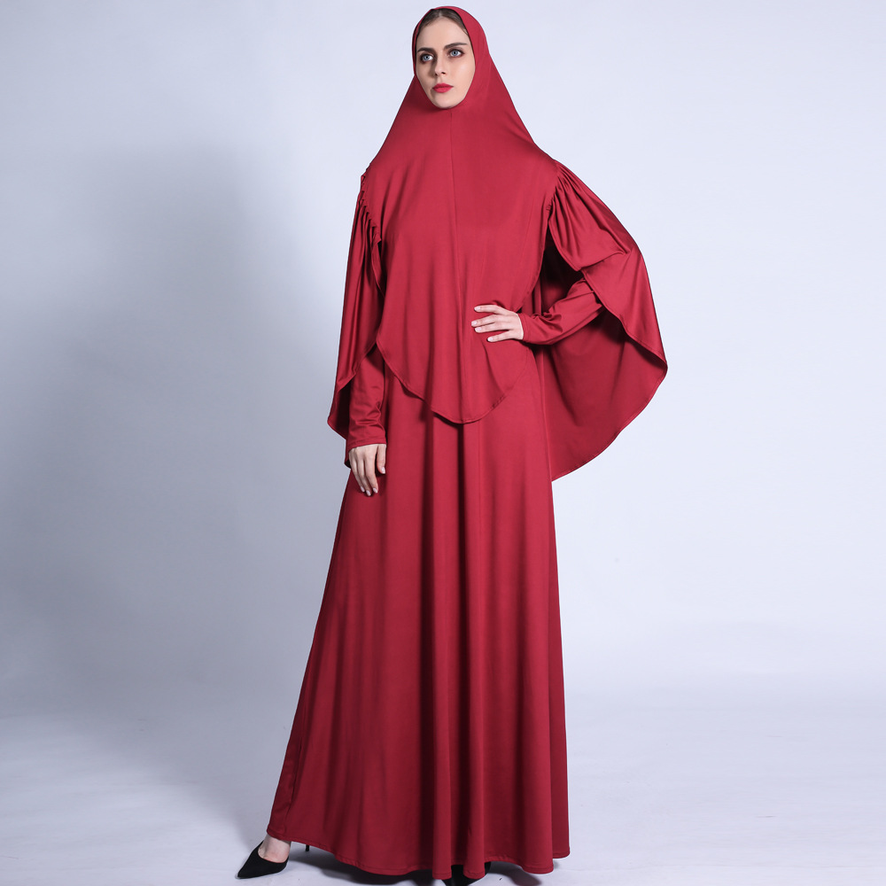 Ramadan spring pleated turban suit big swing dress retro Muslim solid color robe issued on behalf of