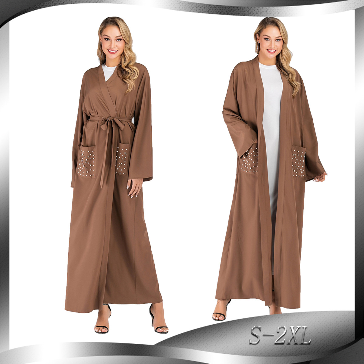 Muslim Abaya Modern Dignified Fashion Islamic Clothing Robe with Pearl Pockets on The Chest
