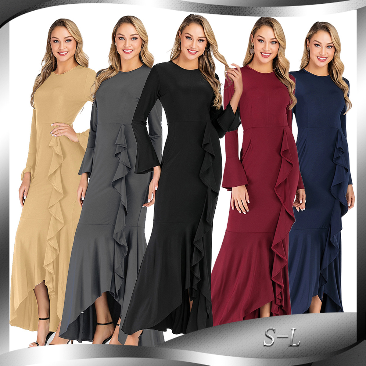 AliExpress Amazon Ebay Hot Sale Solid Color Ruffled Fishtail Bag Hip Long Dress Muslim