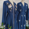 Navy Modest Fashion Best Selling Islamic Flower Muslim Robe Kimono Maxi Dresses Loose Abaya