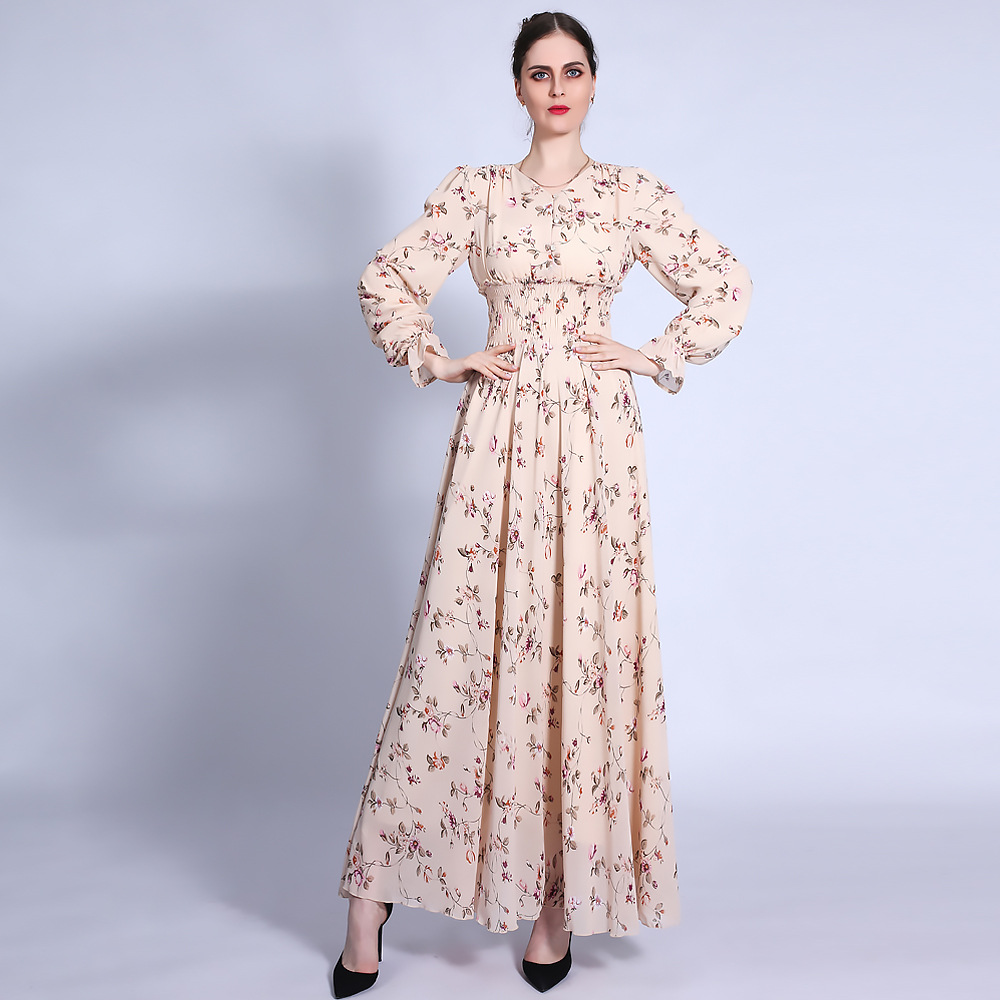 Ramadan New Floral Chiffon Dress Elastic Waist A-line Slim Muslim Female Long Skirt Spot Hair