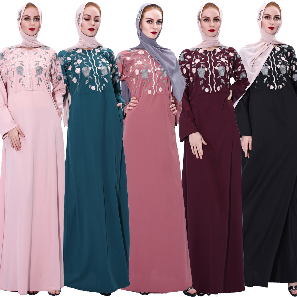 Ramadan New Embroidery Dress Retro A-line Slim Front Zipper Muslim Robe Female Abaya