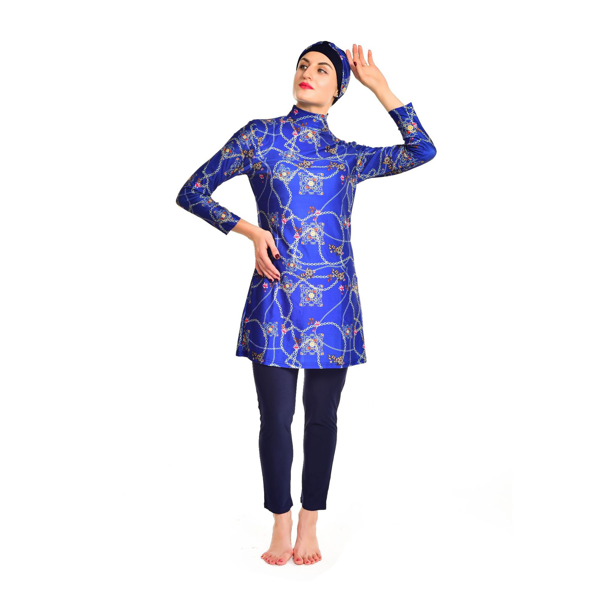 Muslim Swimsuit Three-piece Printed Swimsuit Large Size Slim Elastic Tight Long Sleeve Hat Modest Beachwear