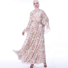 Fashion Floral Chiffon Big Flared Sleeve Dress Retro A-line Slim Muslim Female Abaya Dress