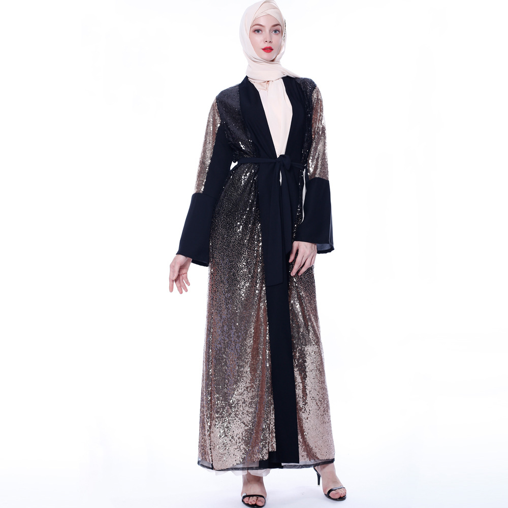 Ins New Fashion Loose Muslim Sequined Cardigan Robe Turkish Casual Lace Outer Spot Cross-border