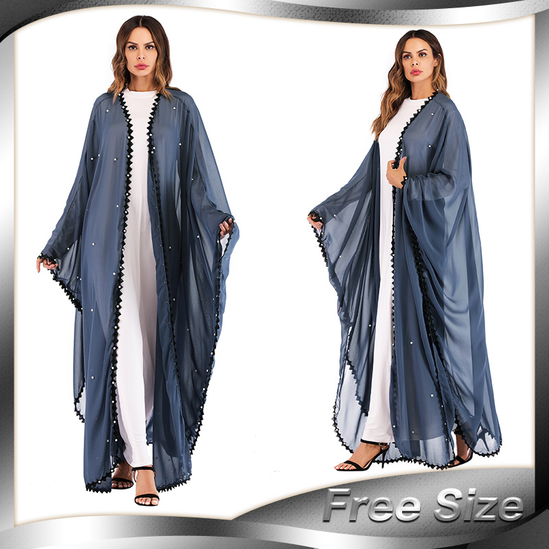 European And American Muslim Trend Lace Stitching Beaded Loose Lace Long-sleeved Cardigan Robe Women