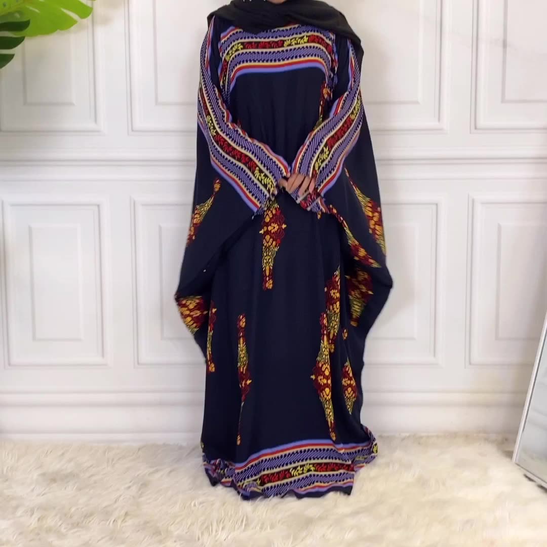 2022 Cross-border Source Fashion Printing Elegant Loose Muslim Robe Bat Sleeve Plus Size Women's Dress