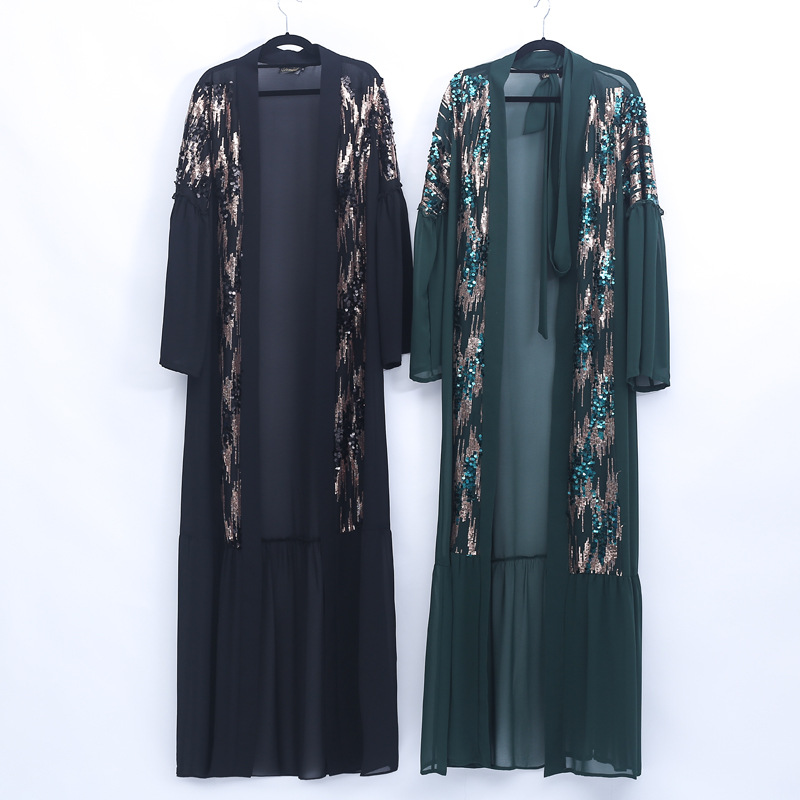 Middle East sequin stitching cardigan Muslim women chiffon jacket with long sleeves