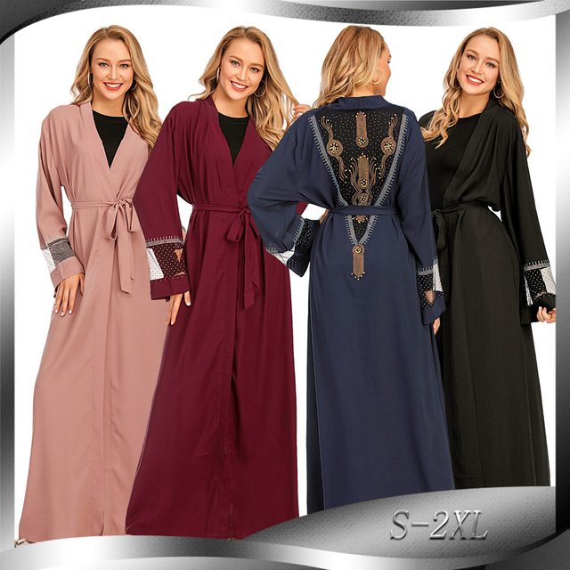 Cross-border Source of Fashion Robe Women's Mesh Fabric Stitching Hot Drilling Muslim Cardigan 