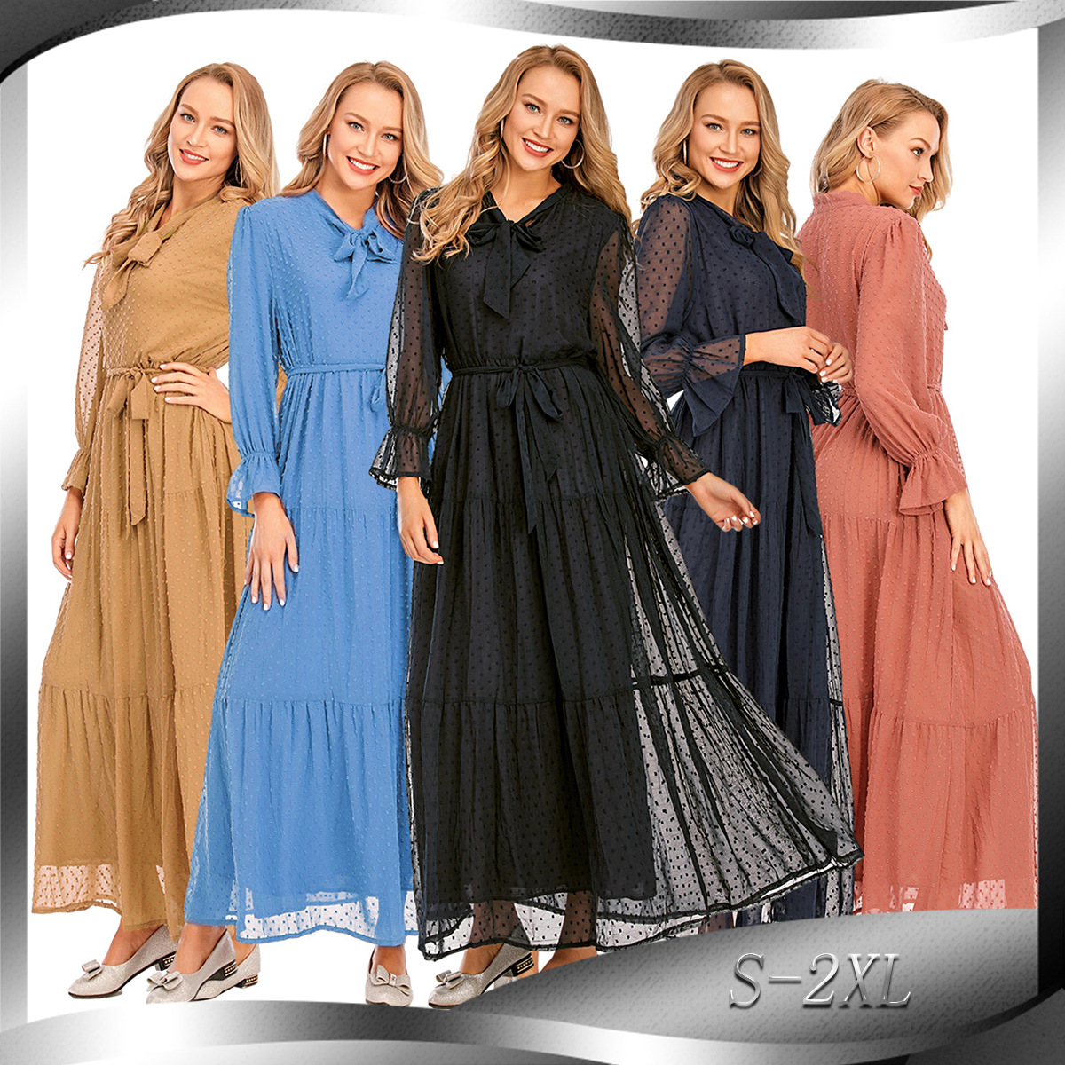 AliExpress Amazon Fashion Cross-border Foreign Trade Women's Stitching Long-sleeved Middle Eastern Dress