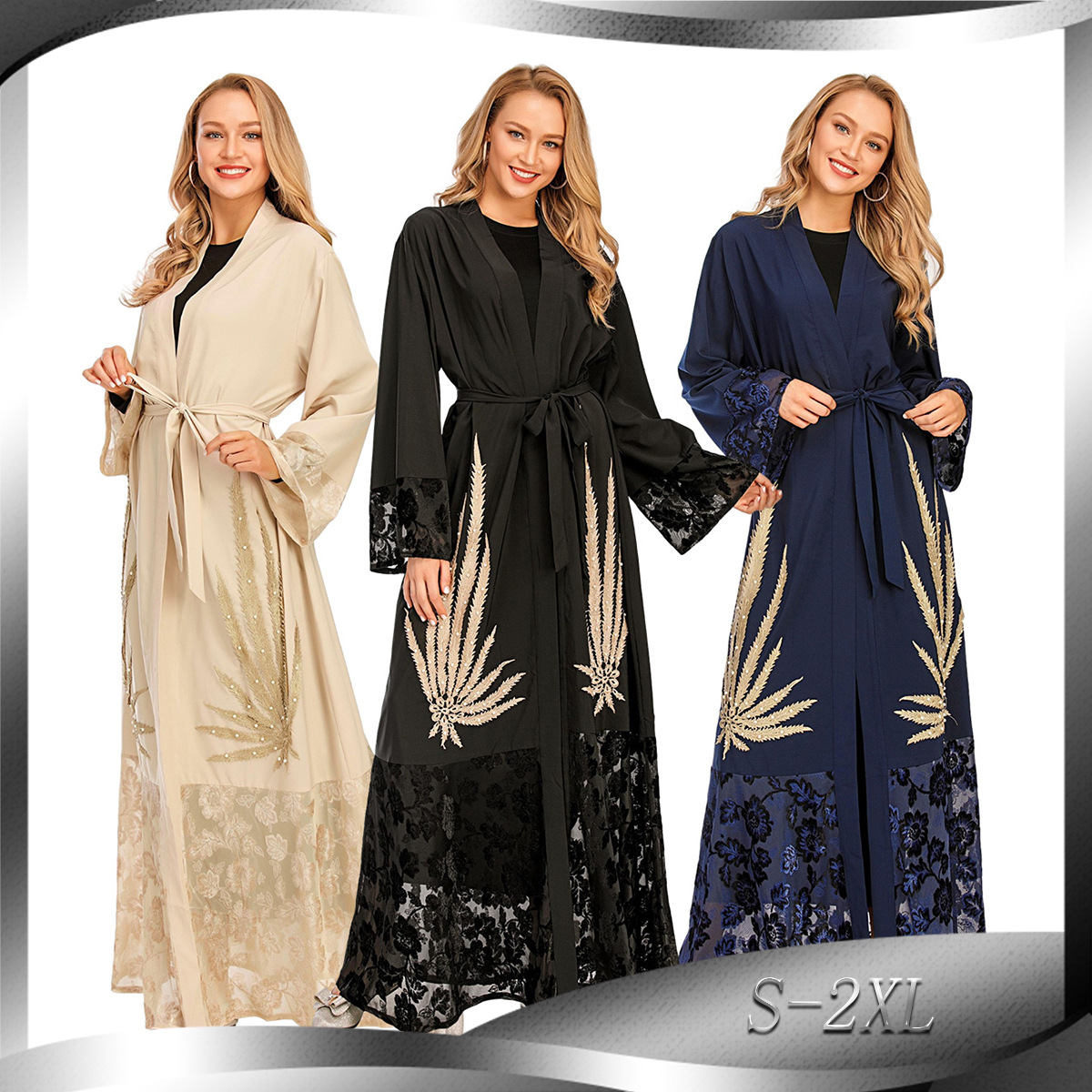 New Fashion Beaded Car Flower Stitching Muslim Abaya Cardigan Robe Islamic Dubai 