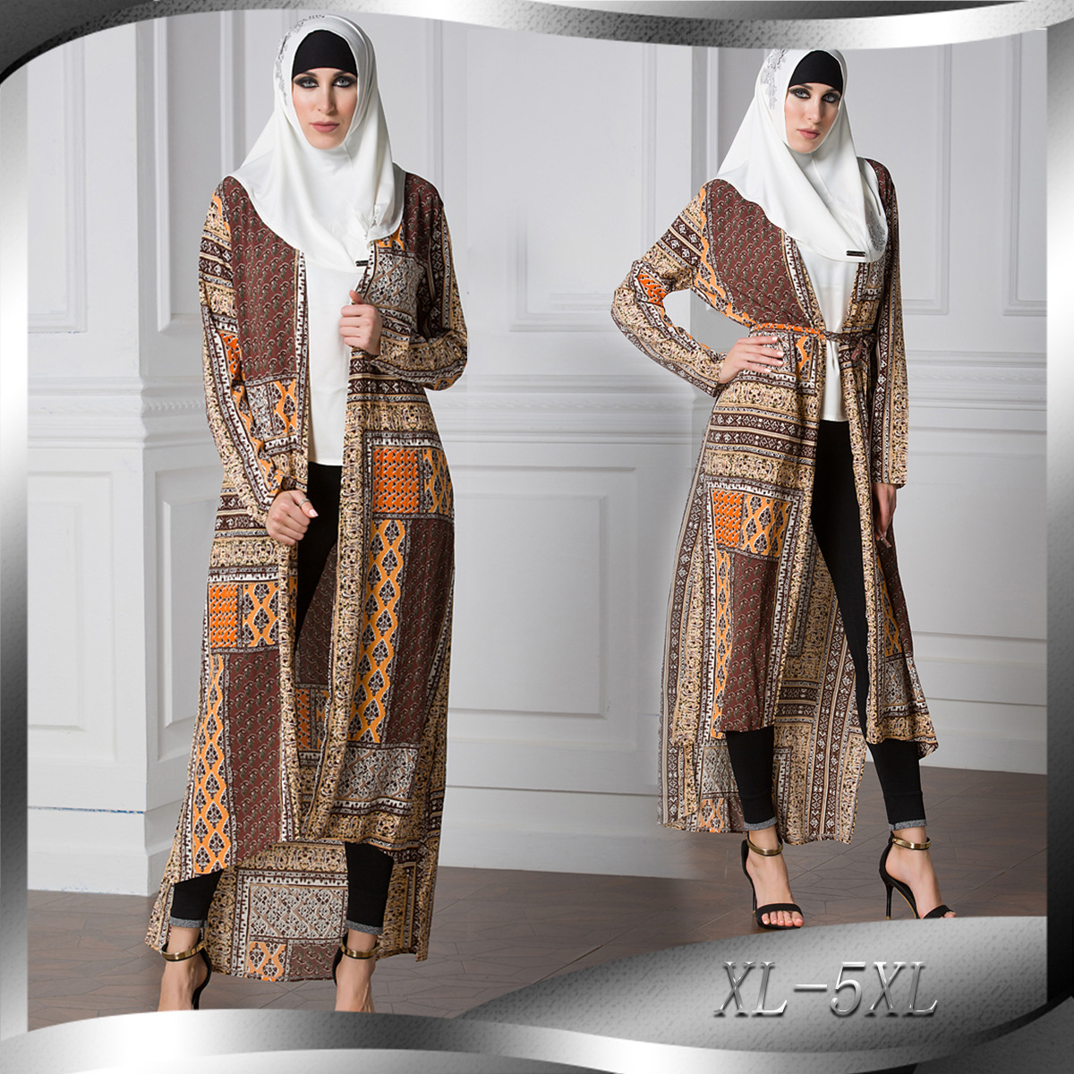 Muslim Arab Fashion Robe Hui Long Coat Loose Large Size Paris Bead Retro Long Sleeve