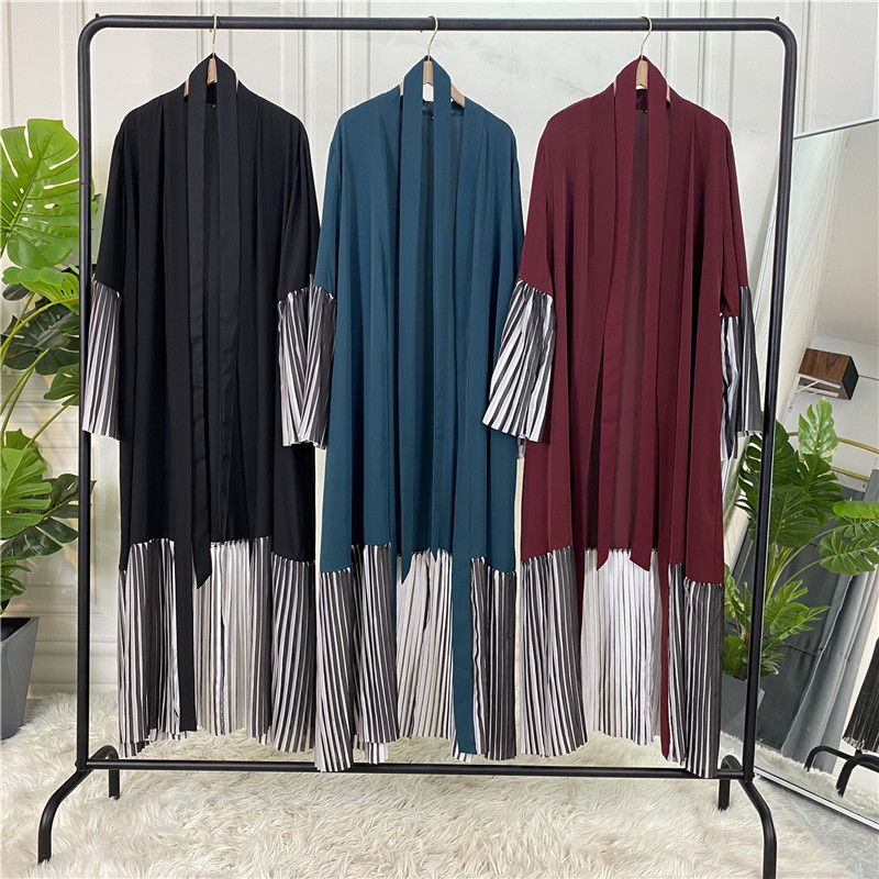 Ebay Hot Sale Middle East Muslim Long-sleeved Stitching Pleated Big Swing Robe Female Arab Long Cardigan