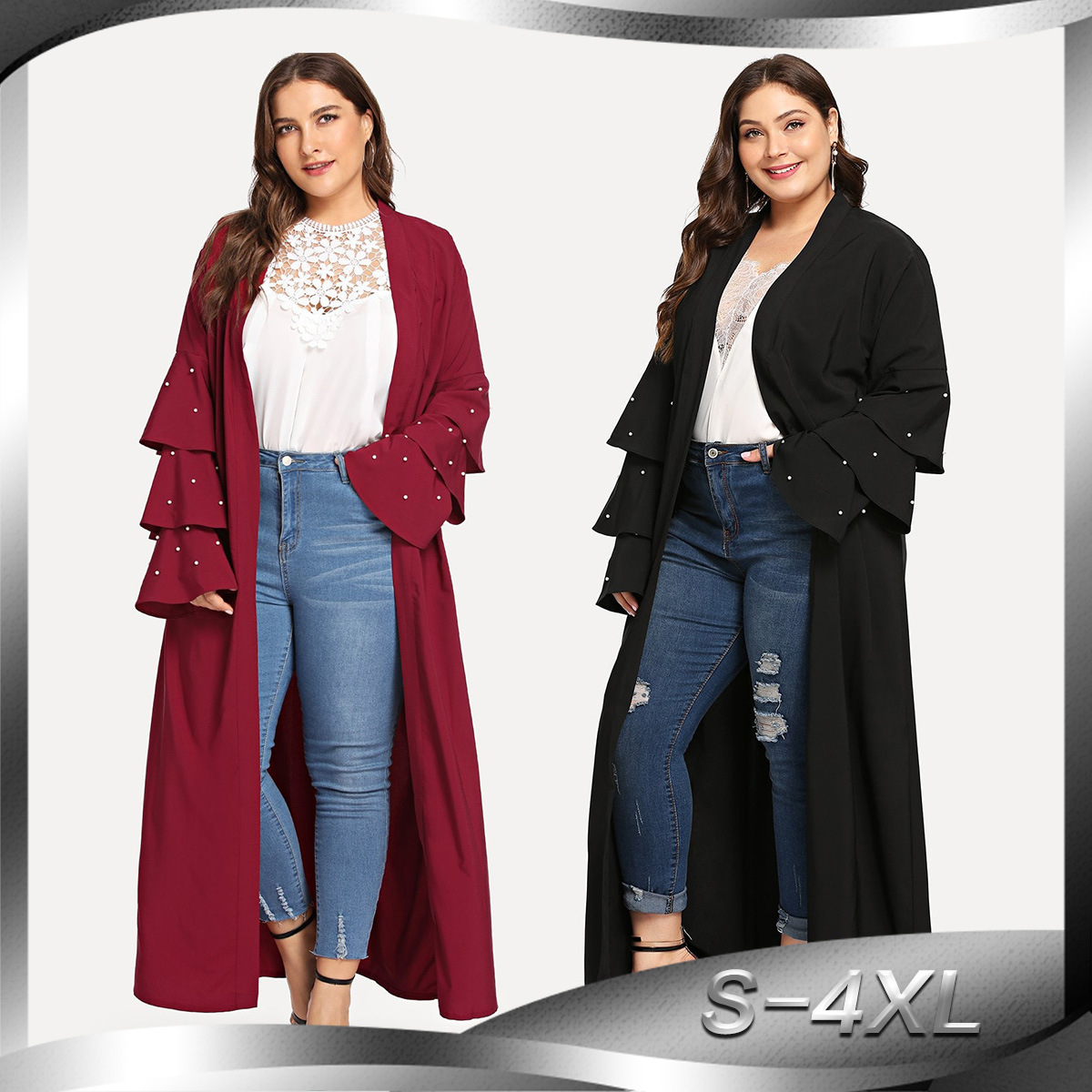 European And American Fashion Beaded Multi-layer Flared Sleeves with Solid Color Cardigan Robe