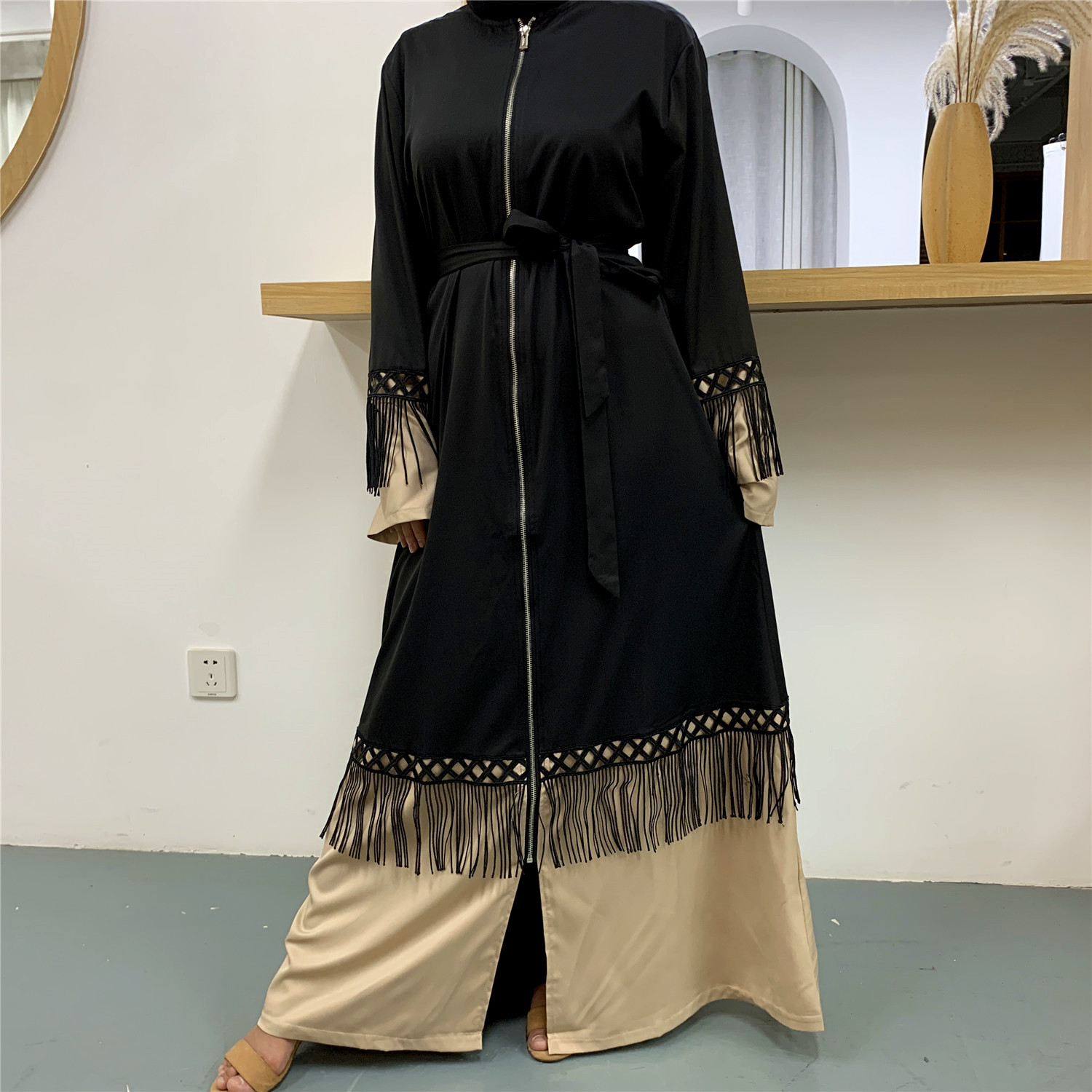 Turkish Muslim Fashion Fringed Lace Stitching Dress Women's Zipper Cardigan Robe