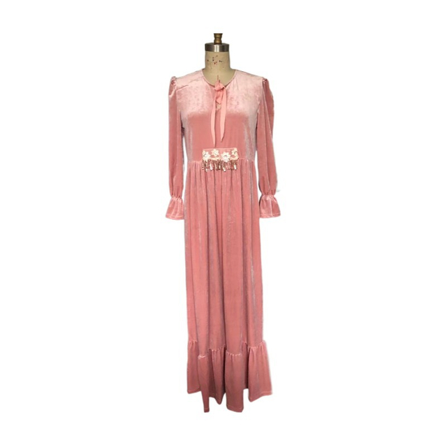 2022 Spring And Autumn New Middle East Four Side Velvet Muslim Pink Arab Women's Dress