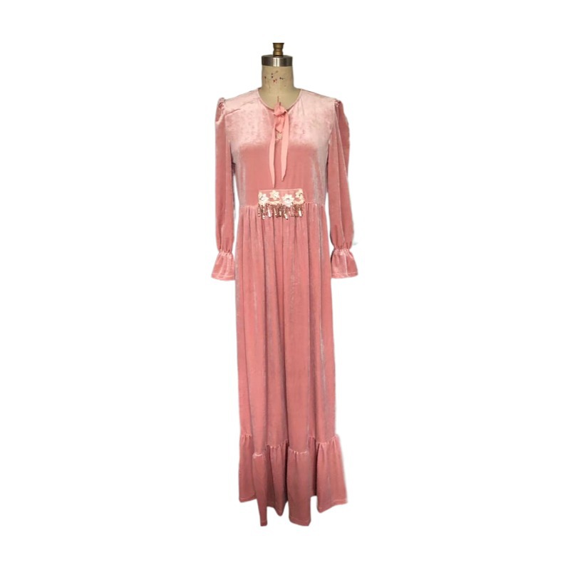 2022 Spring And Autumn New Middle East Four Side Velvet Muslim Pink Arab Women's Dress