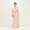 2022 Summer Elegant Double Layer Thick Chiffon Pink Stand Collar Waist Folded Muslim Dress