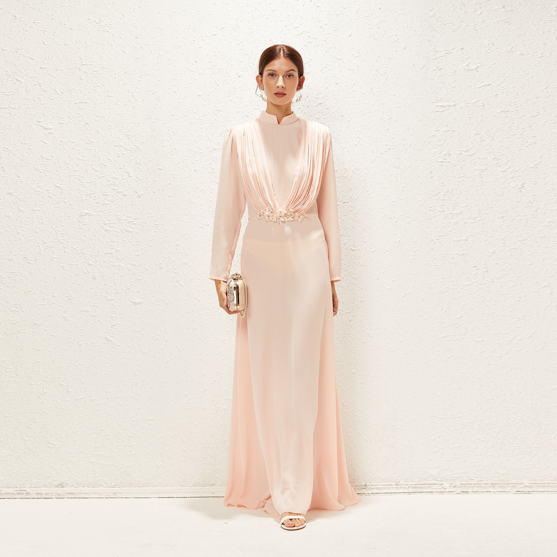 2022 Summer Elegant Double Layer Thick Chiffon Pink Stand Collar Waist Folded Muslim Dress