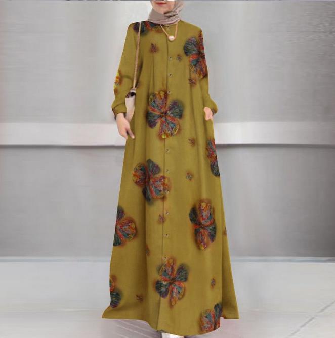 New Cotton And Linen Printed Long Shirt Muslim Plus Size Women's Loose Casual Retro Long-sleeved Dress