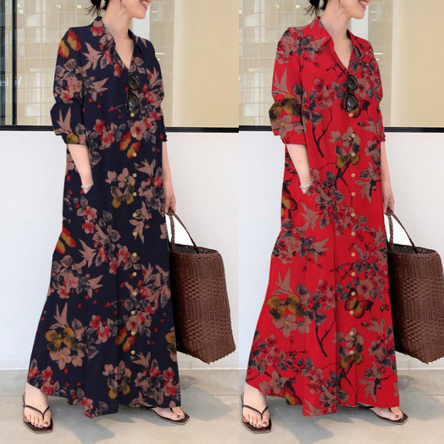 2022 Muslim Cotton And Hemp Color Lapel Long-sleeved Cardigan Dress with Simple And Loose Casual Long Sleeves