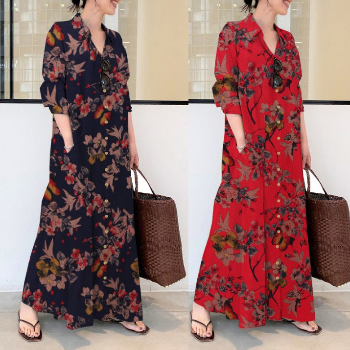 2022 Muslim Cotton And Hemp Color Lapel Long-sleeved Cardigan Dress with Simple And Loose Casual Long Sleeves