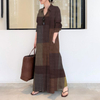 2022 Muslim Plus Size Women's Cotton And Linen Dark Grid Printing Long-sleeved Simple Loose Casual Long Shirt Dress
