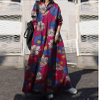 2022 Spring And Autumn Fashion Plus Size Women's Cotton Linen Printed Retro Big Swing Stand Collar Loose Dress Muslim Clothes