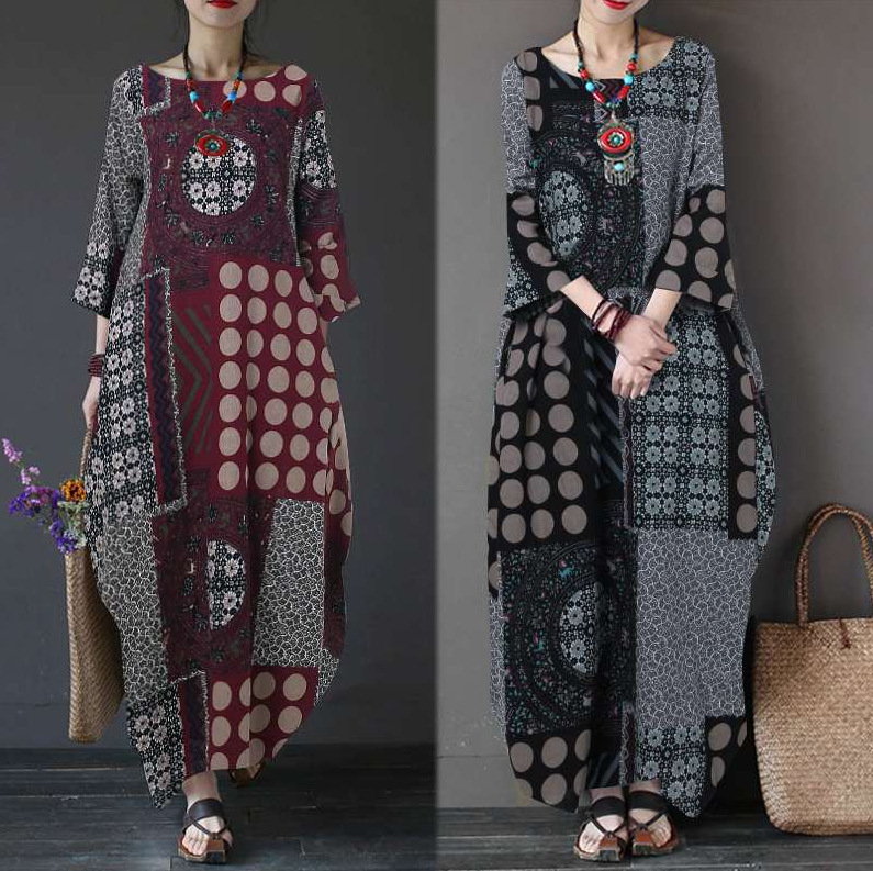 2022 New Cross-border Cotton And Linen Printing National Style Retro Hedging Loose Round Neck Long Irregular Dress