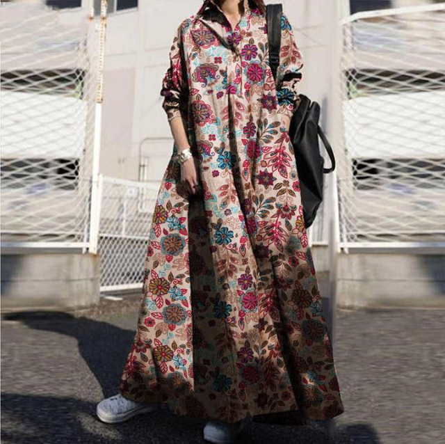 2022 Muslim Spring And Autumn Printed Cotton Plus Size Women's Retro Ethnic Style Loose Long-sleeved Big Swing Dress