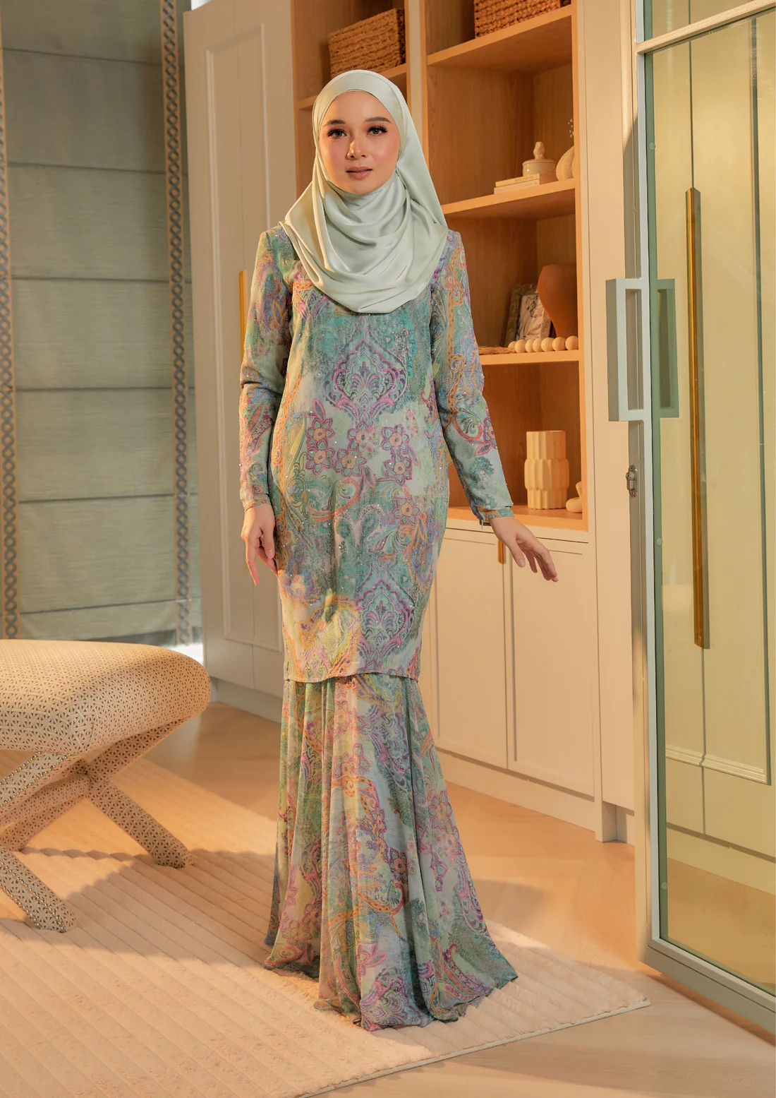 SIPO Eid 2024 Raya Malaysia Muslim Kurung With Embellished Waistline In Floral Chiffon Women Set Modern Baju Kurung with Diamond Stone