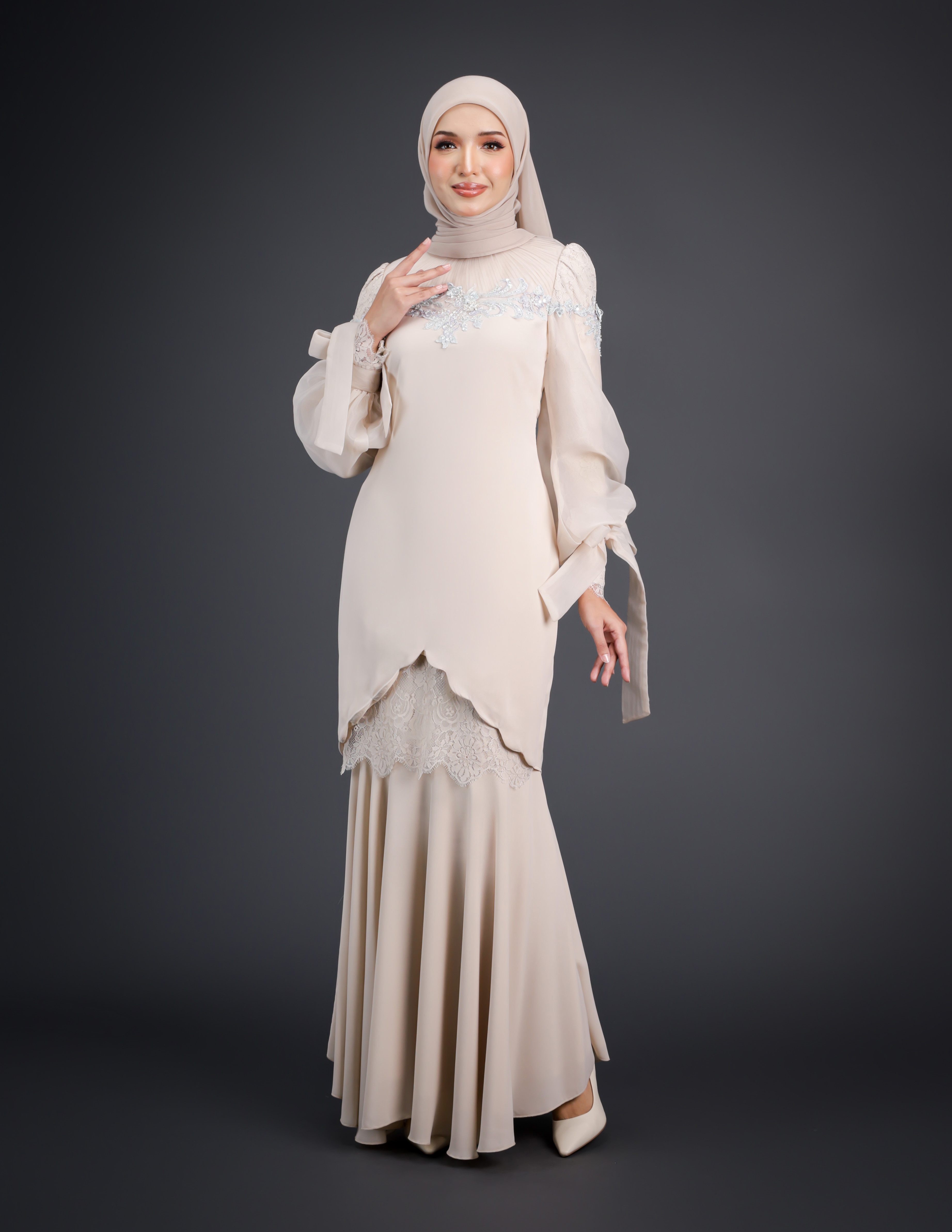 SIPO Factory Price Mini Baju Kurung Lace Beaded Top Customisable Chiffon Dress Ballon Sleeve with Puff From Malaysia