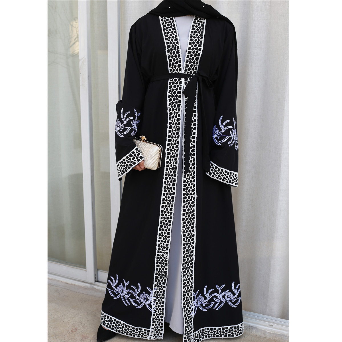 Eid Al-Fitr Middle East Islamic Dubai Stitching Lace Embroidery Cardigan Muslim Open Abaya (4)