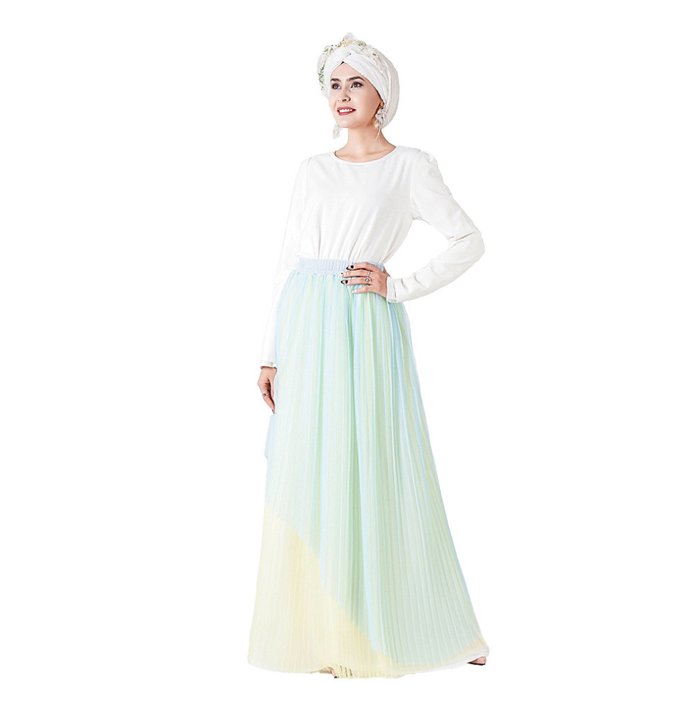Two-Piece Double-Decker Pleated Colorful Elastic Waist Muslim Maxi Dresses Islamic Clothing