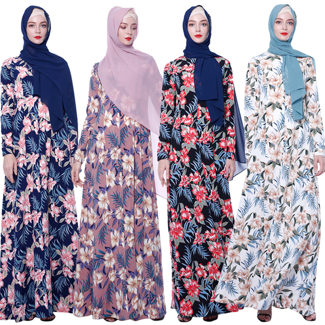 2021 Latest design Islamic Women Clothing Muslim Maxi Floral Long Sleeve Dress Abaya