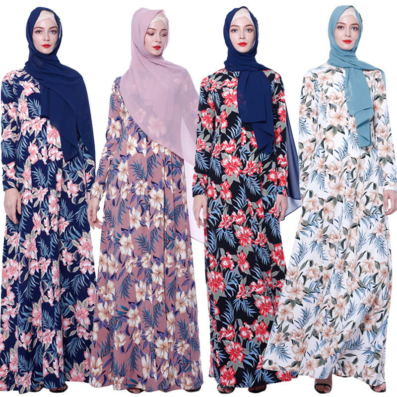 2021 Latest design Islamic Women Clothing Muslim Maxi Floral Long Sleeve Dress Abaya