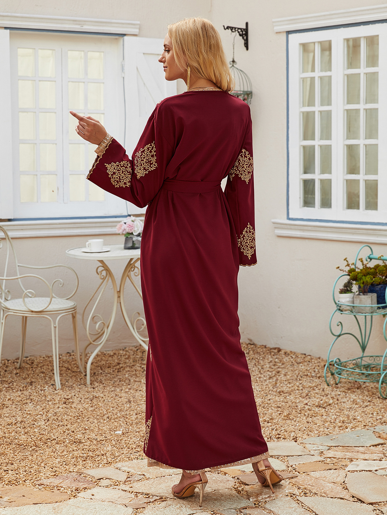 Embroidery Flower Muslim Islamic Clothing Kimono Cardigan Front Open Abaya (4)