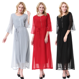 Modest MiddleEastern Crew Neck Zippered Breathable Long Sleeve Muslim Islamic Women Abaya Dress Clothing