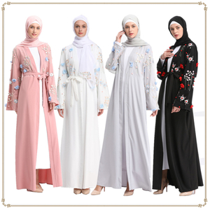 Middle East Islamic Turkish Long Tunic Flower Pattern Front Open Abaya Belt Muslim Dresses